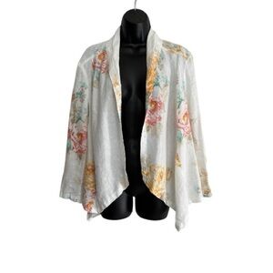 Chico's Cream Floral Boho Coastal Linen Shirt Topper Sz 2 Large